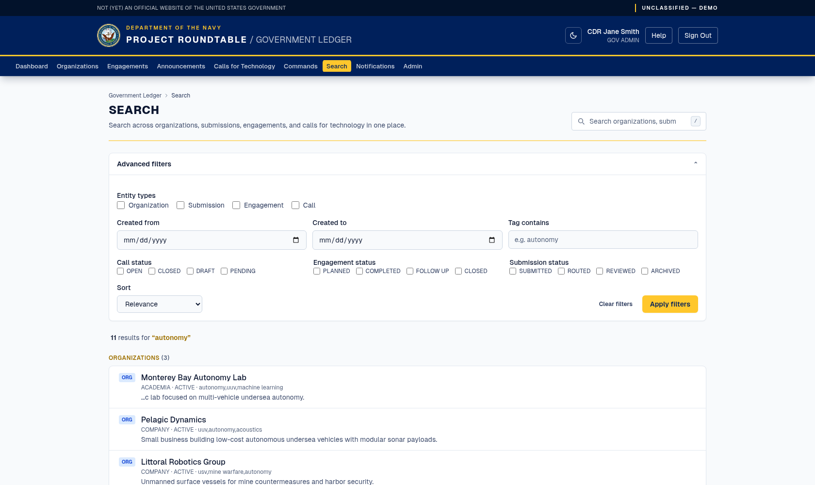 Government search advanced filters