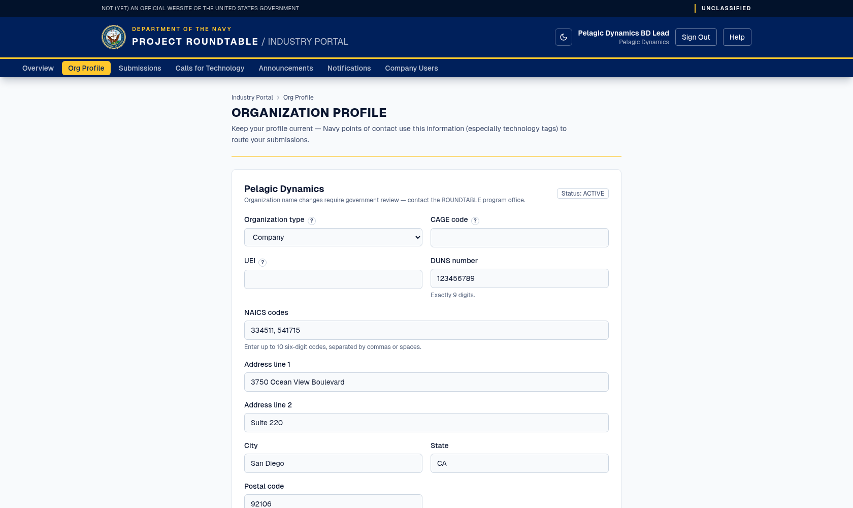 Organization profile form